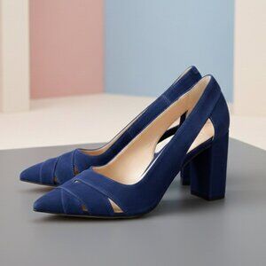 Franco Sarto Blue Suede Block Heel Pumps Size 6M Pointed Toe Cutout